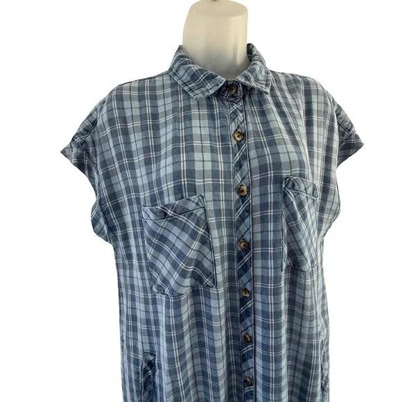 Billy T Shirt Dress Womens Medium Blue Plaid Button Front Pockets Midi Casual - Picture 2 of 16